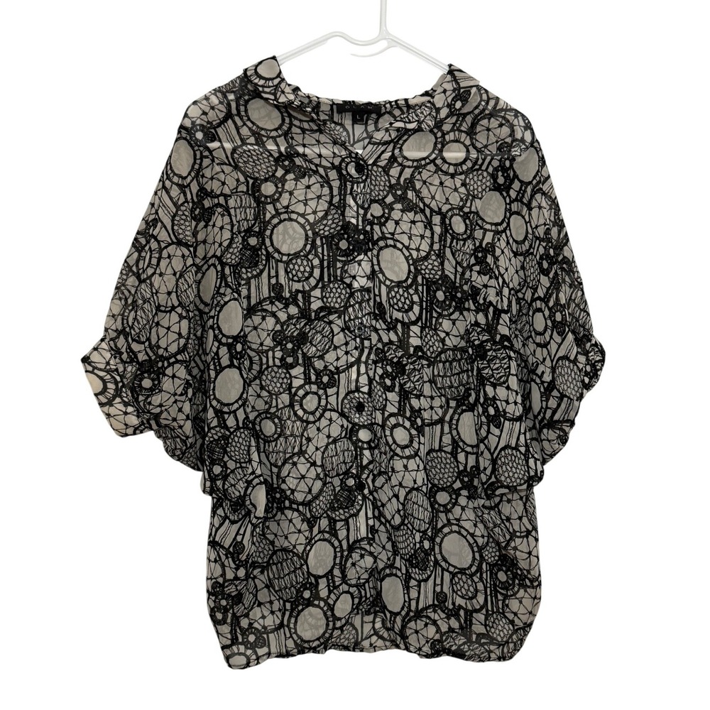 GLAM Sheer Black White Geometric Circle Print Dolman Sleeve‎ Button Up Blouse L